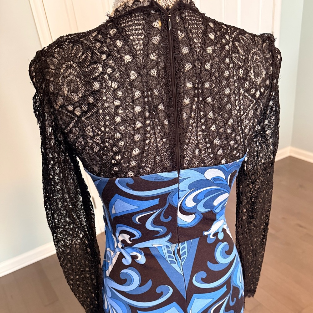 Emilio Pucci Black and Blue Wool Blend Dress w/ Lace Sleeves - Picture 5 of 7